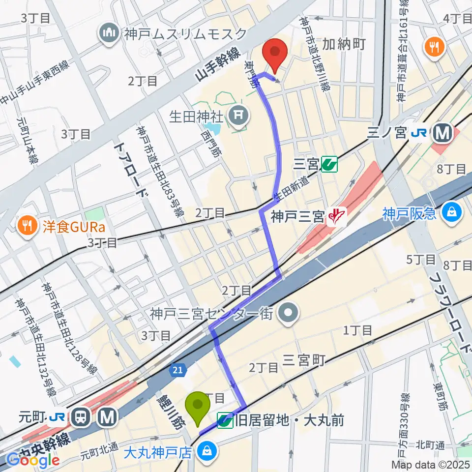旧居留地・大丸前駅から神戸 隠れ谷へのルートマップ地図