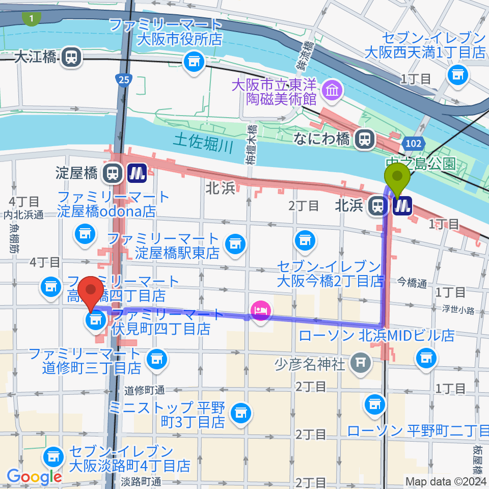 北浜駅から朝日生命ホールへのルートマップ地図