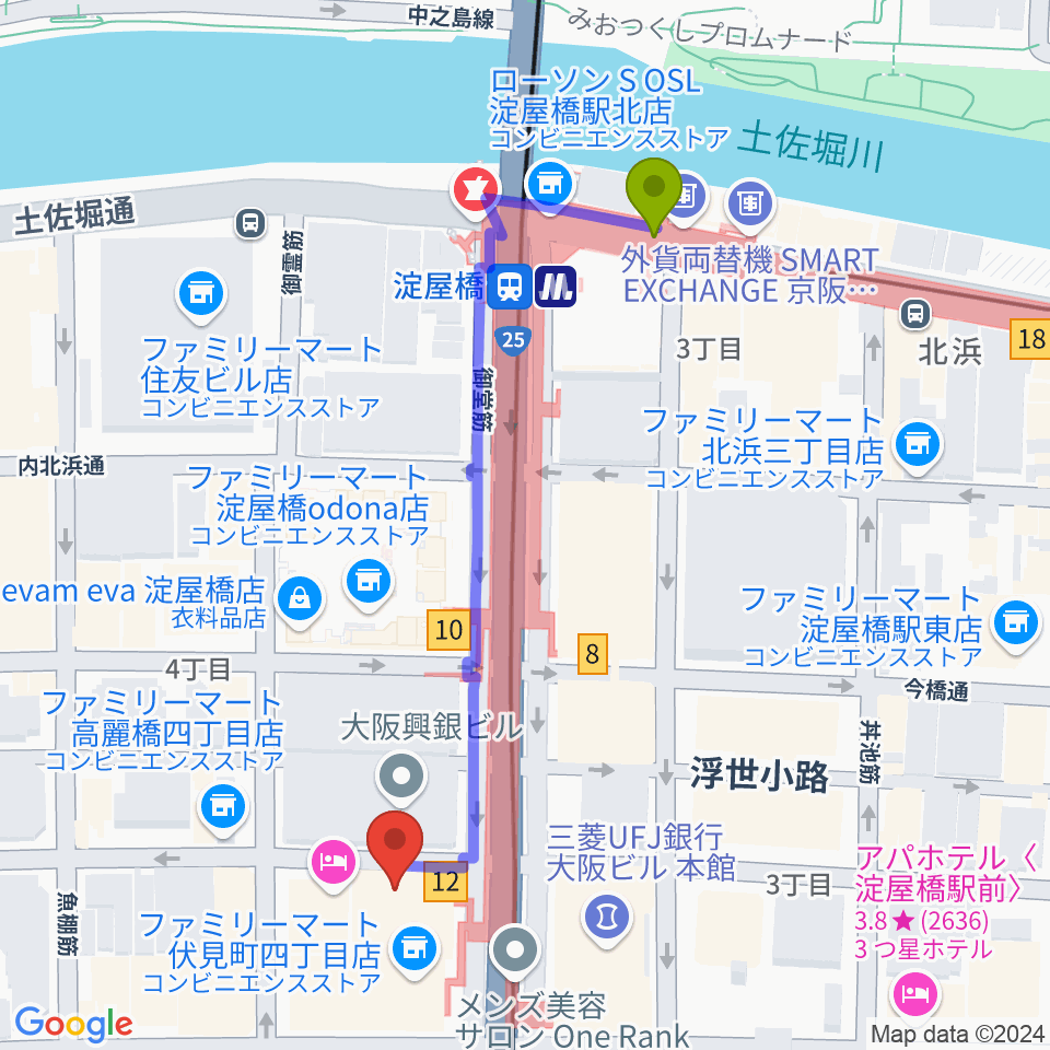 朝日生命ホールの最寄駅淀屋橋駅からの徒歩ルート（約5分）地図