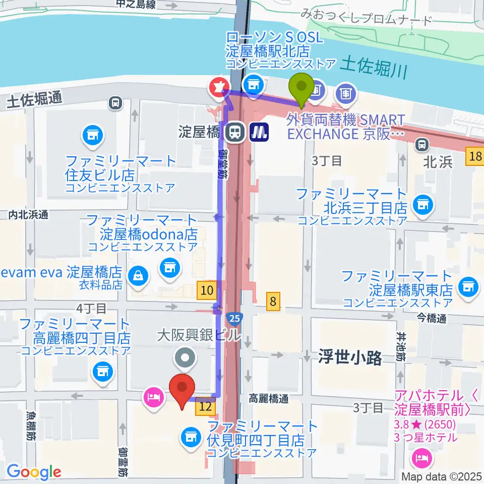 朝日生命ホールの最寄駅淀屋橋駅からの徒歩ルート（約5分）地図