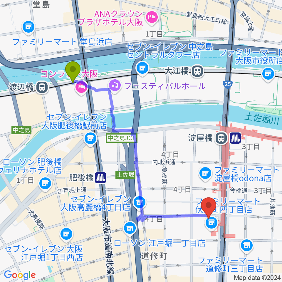 渡辺橋駅から朝日生命ホールへのルートマップ地図