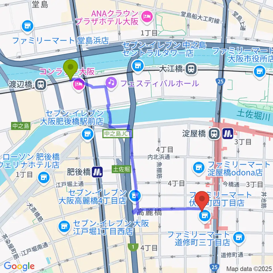 渡辺橋駅から朝日生命ホールへのルートマップ地図