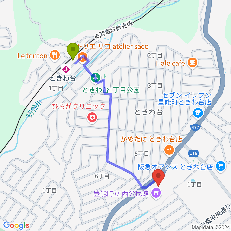 豊能町立ユーベルホールの最寄駅ときわ台駅からの徒歩ルート（約10分）地図