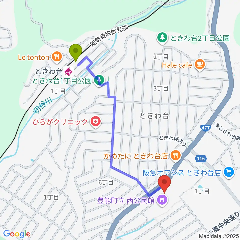 豊能町立ユーベルホールの最寄駅ときわ台駅からの徒歩ルート（約10分）地図