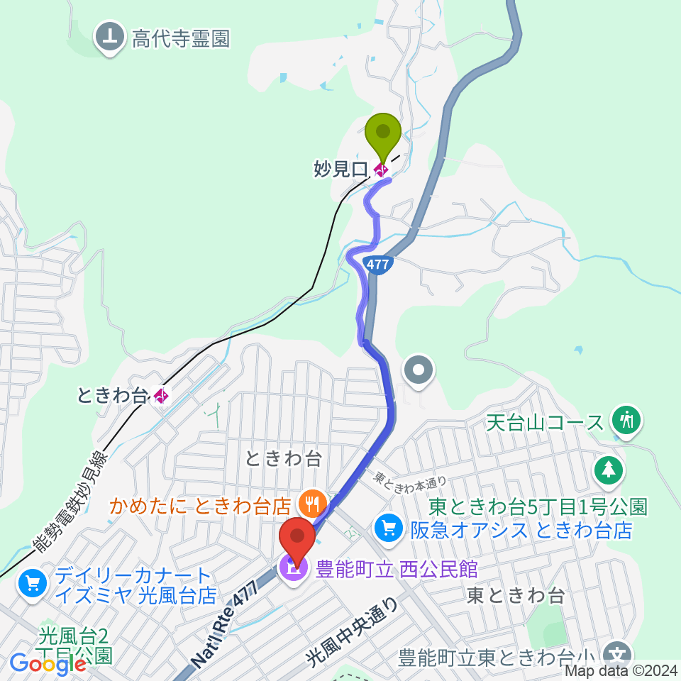 妙見口駅から豊能町立ユーベルホールへのルートマップ地図