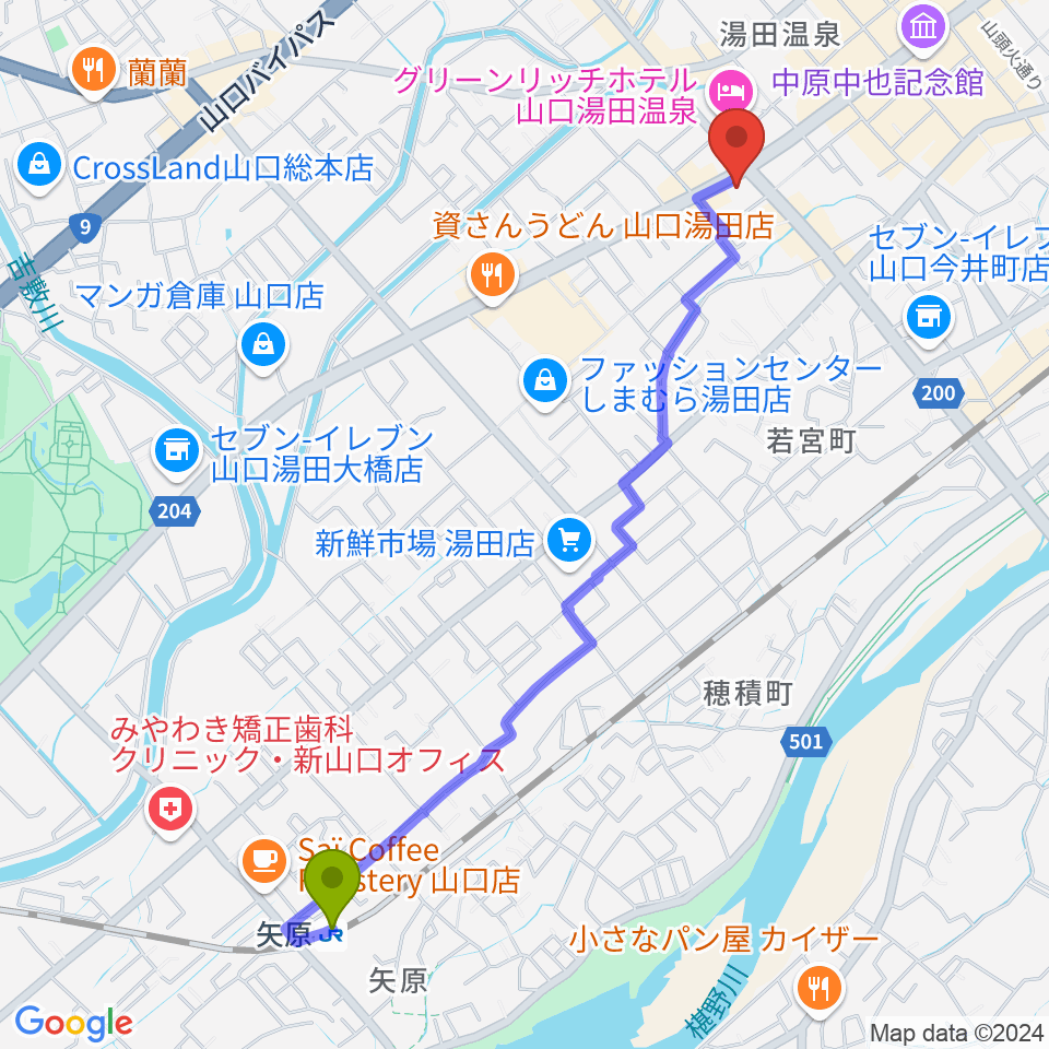 矢原駅からJAZZ SPOT ポルシェへのルートマップ地図