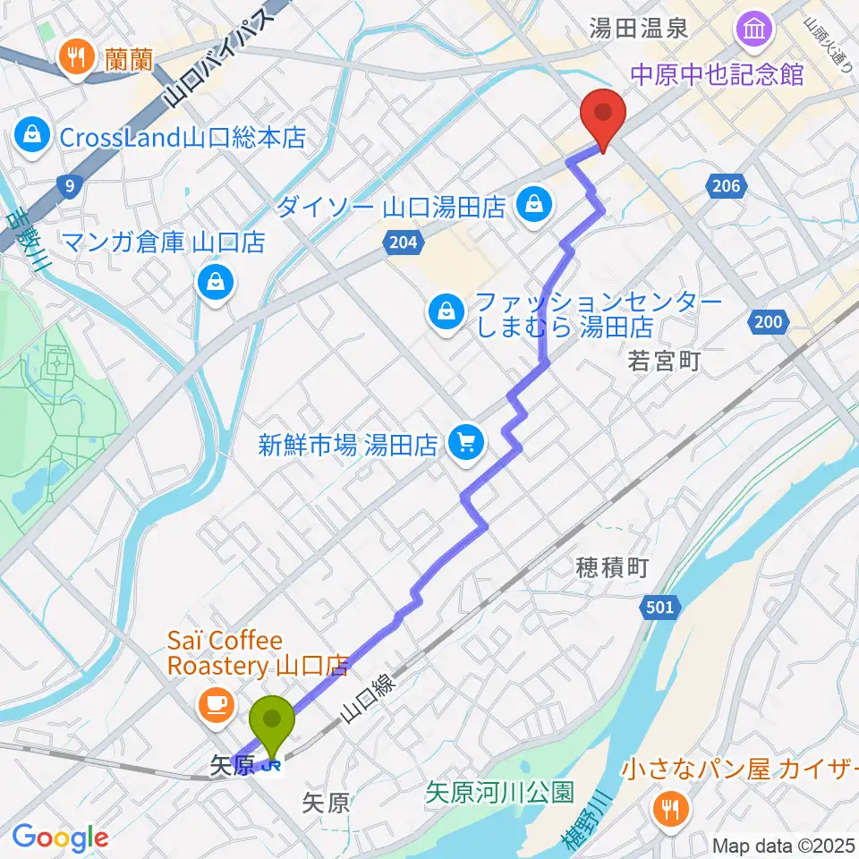 矢原駅からJAZZ SPOT ポルシェへのルートマップ地図