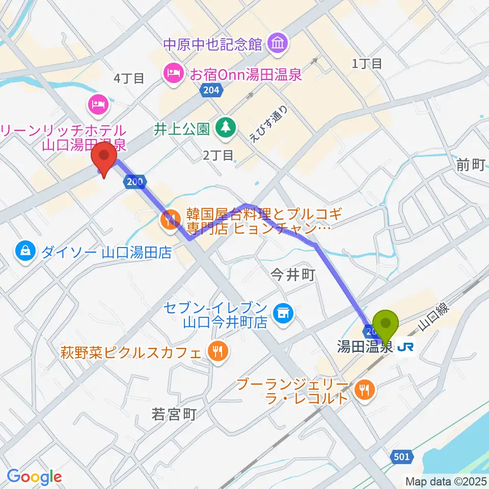 JAZZ SPOT ポルシェの最寄駅湯田温泉駅からの徒歩ルート（約11分）地図