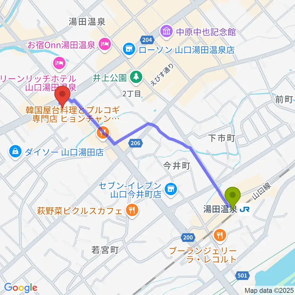 JAZZ SPOT ポルシェの最寄駅湯田温泉駅からの徒歩ルート（約11分）地図