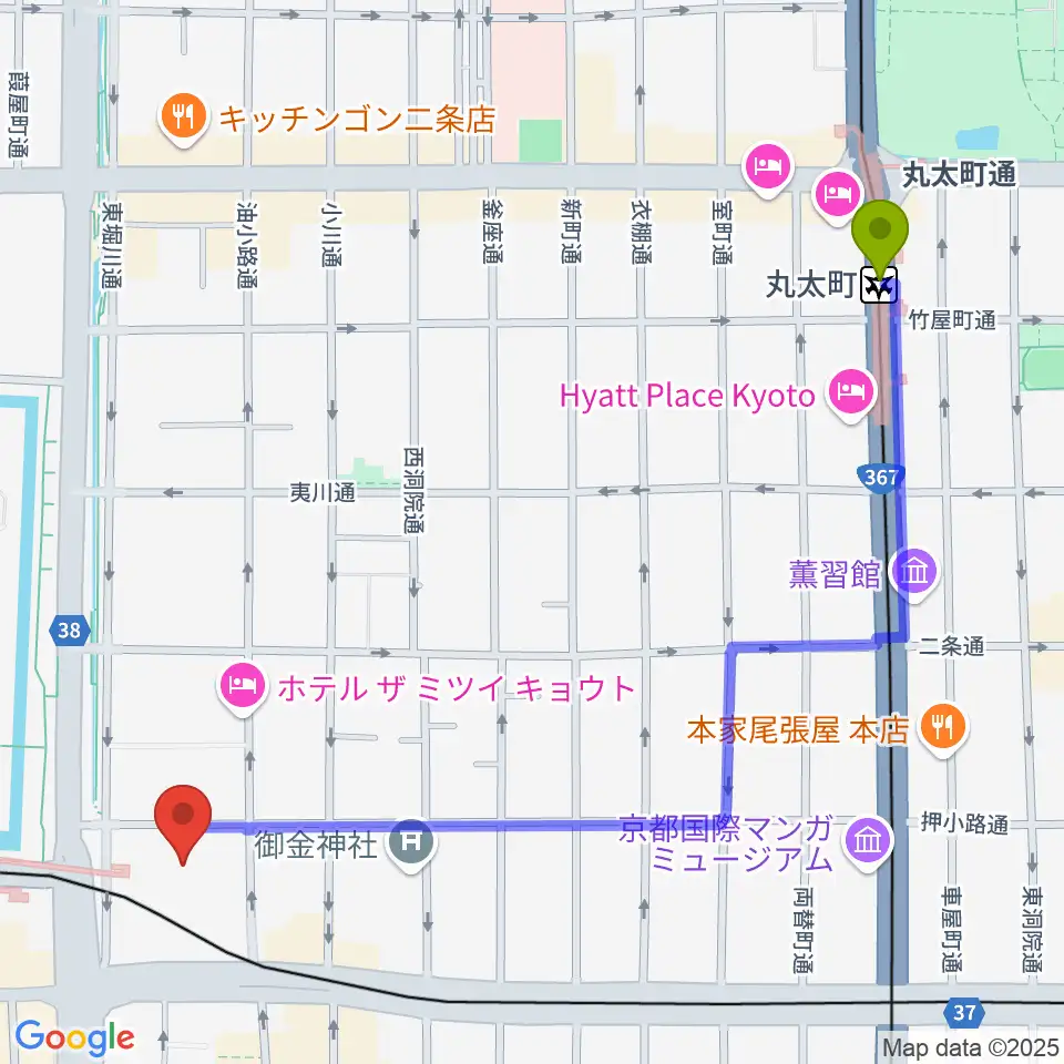 丸太町駅から京都堀川音楽高等学校 音楽ホールへのルートマップ地図