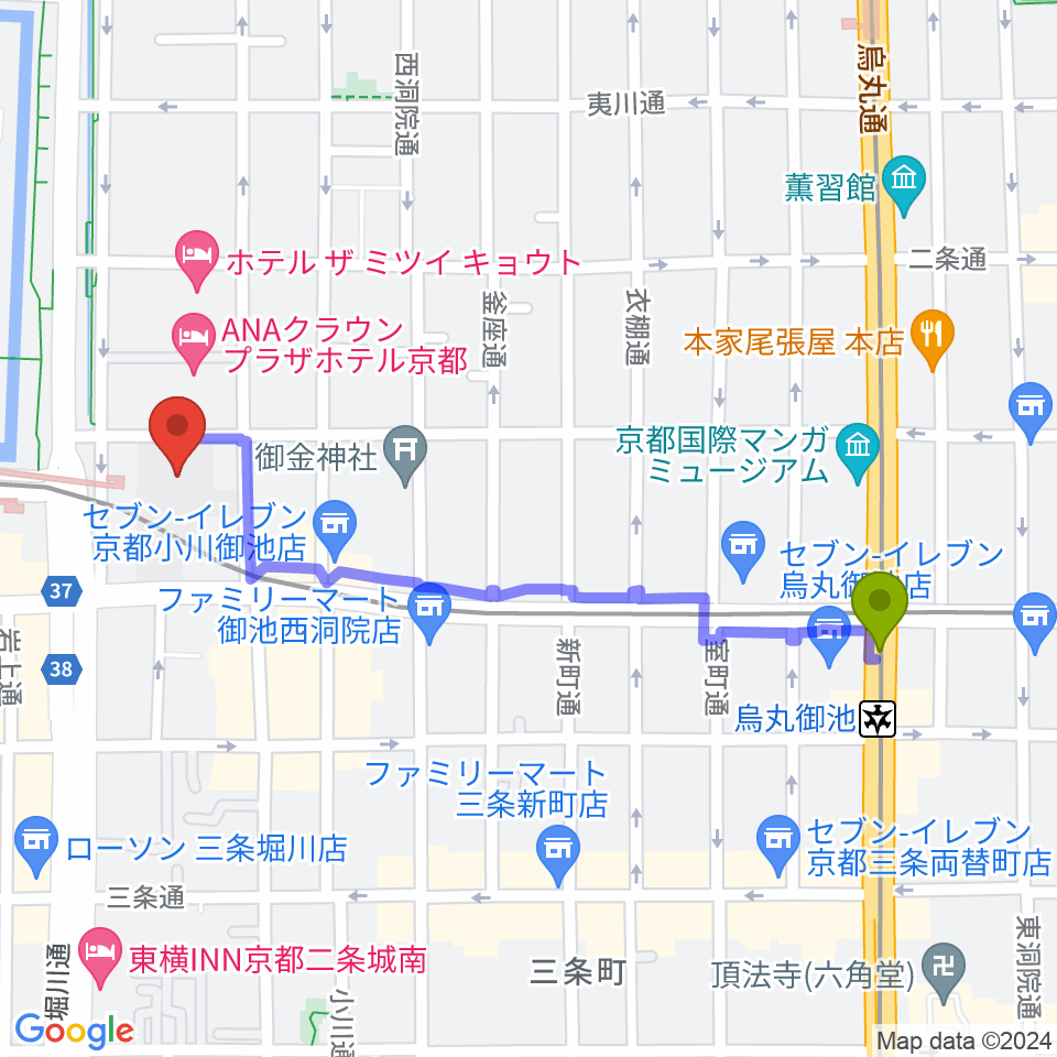 烏丸御池駅から京都堀川音楽高等学校 音楽ホールへのルートマップ地図