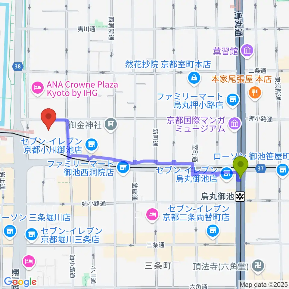 烏丸御池駅から京都堀川音楽高等学校 音楽ホールへのルートマップ地図