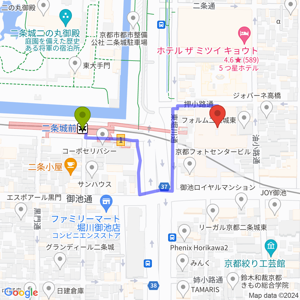 京都堀川音楽高等学校 音楽ホールの最寄駅二条城前駅からの徒歩ルート（約4分）地図