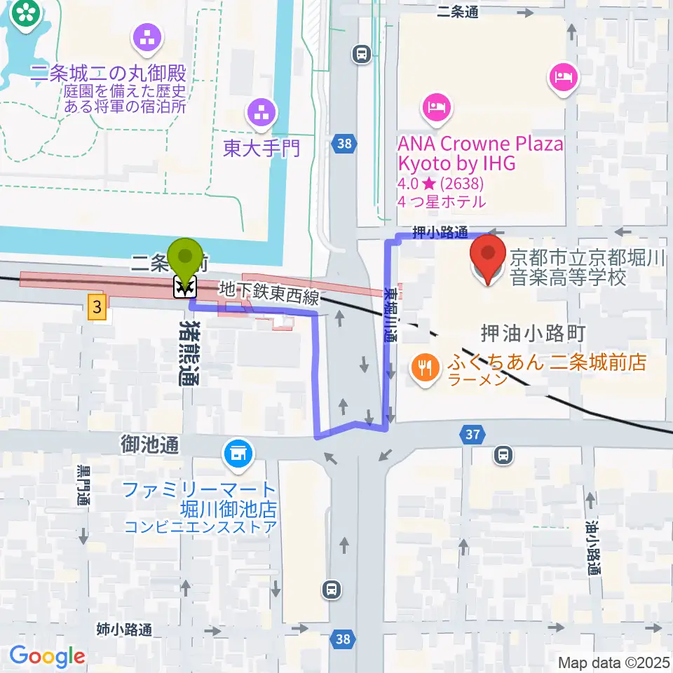 京都堀川音楽高等学校 音楽ホールの最寄駅二条城前駅からの徒歩ルート（約4分）地図