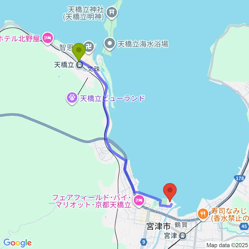 天橋立駅からみやづ歴史の館へのルートマップ地図