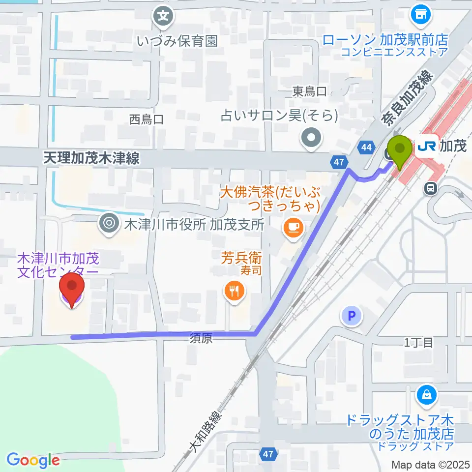 木津川市加茂文化センター あじさいホールの最寄駅加茂駅からの徒歩ルート（約6分）地図