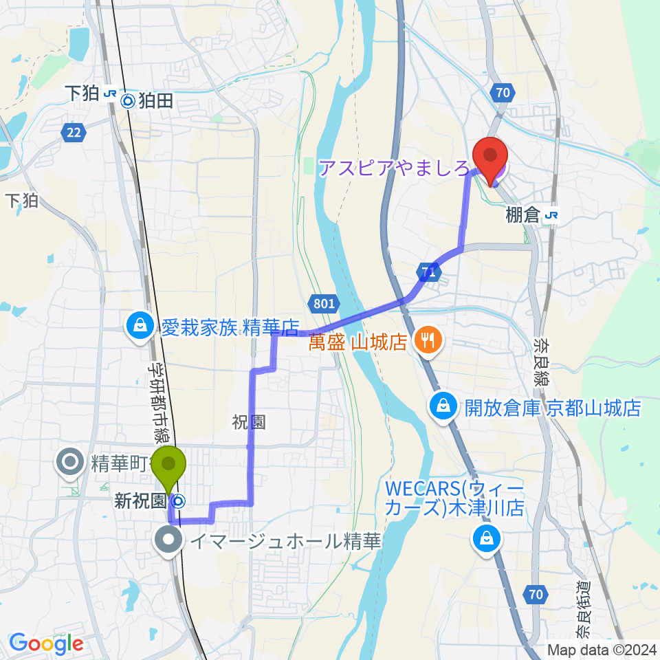 祝園駅から山城総合文化センター アスピアやましろへのルートマップ地図