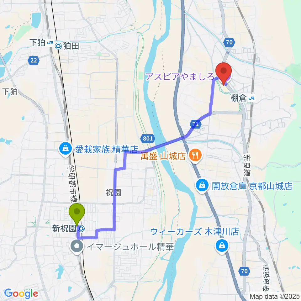 祝園駅から山城総合文化センター アスピアやましろへのルートマップ地図