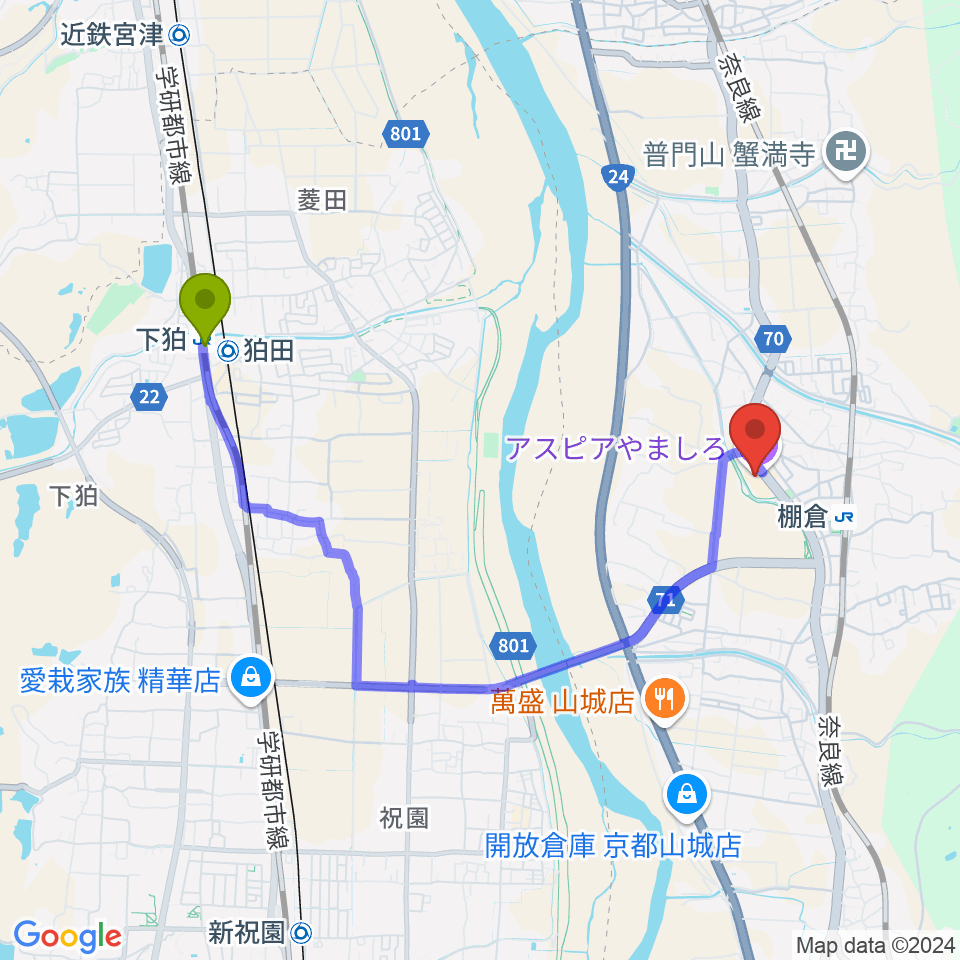 下狛駅から山城総合文化センター アスピアやましろへのルートマップ地図