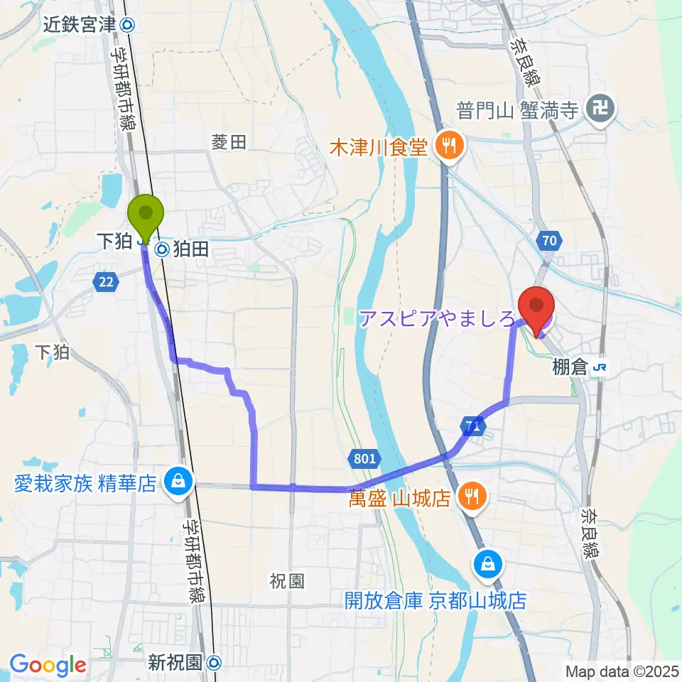 下狛駅から山城総合文化センター アスピアやましろへのルートマップ地図