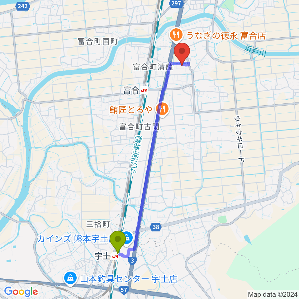 宇土駅から熊本市富合ホール アスパル富合へのルートマップ地図