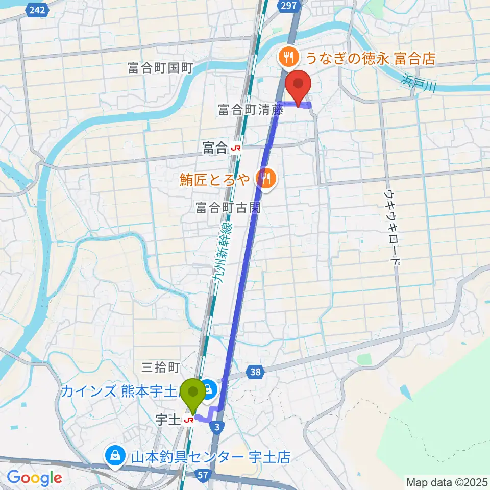 宇土駅から熊本市富合ホール アスパル富合へのルートマップ地図