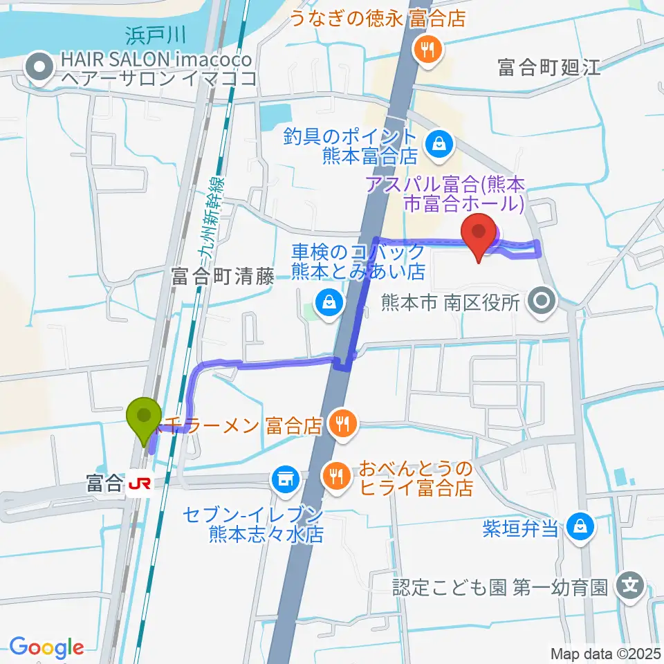 熊本市富合ホール アスパル富合の最寄駅富合駅からの徒歩ルート（約9分）地図