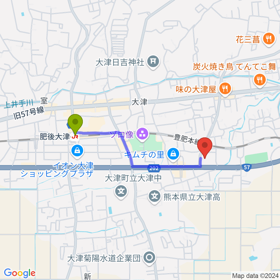 大津町生涯学習センターの最寄駅肥後大津駅からの徒歩ルート（約15分）地図