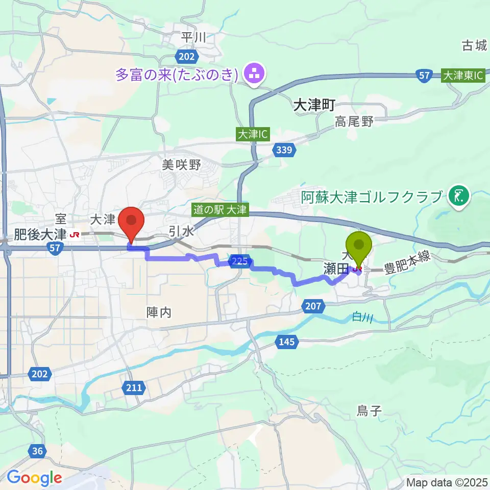 瀬田駅から大津町生涯学習センターへのルートマップ地図