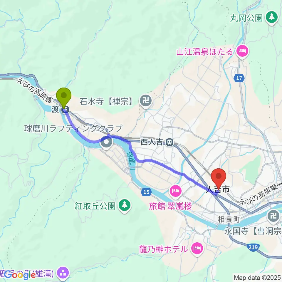 渡駅から人吉市カルチャーパレスへのルートマップ地図