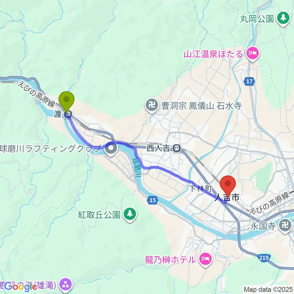 渡駅から人吉市カルチャーパレスへのルートマップ地図