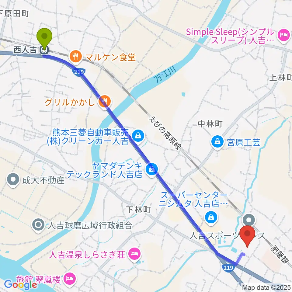 西人吉駅から人吉市カルチャーパレスへのルートマップ地図