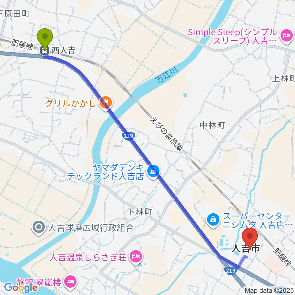 西人吉駅から人吉市カルチャーパレスへのルートマップ地図
