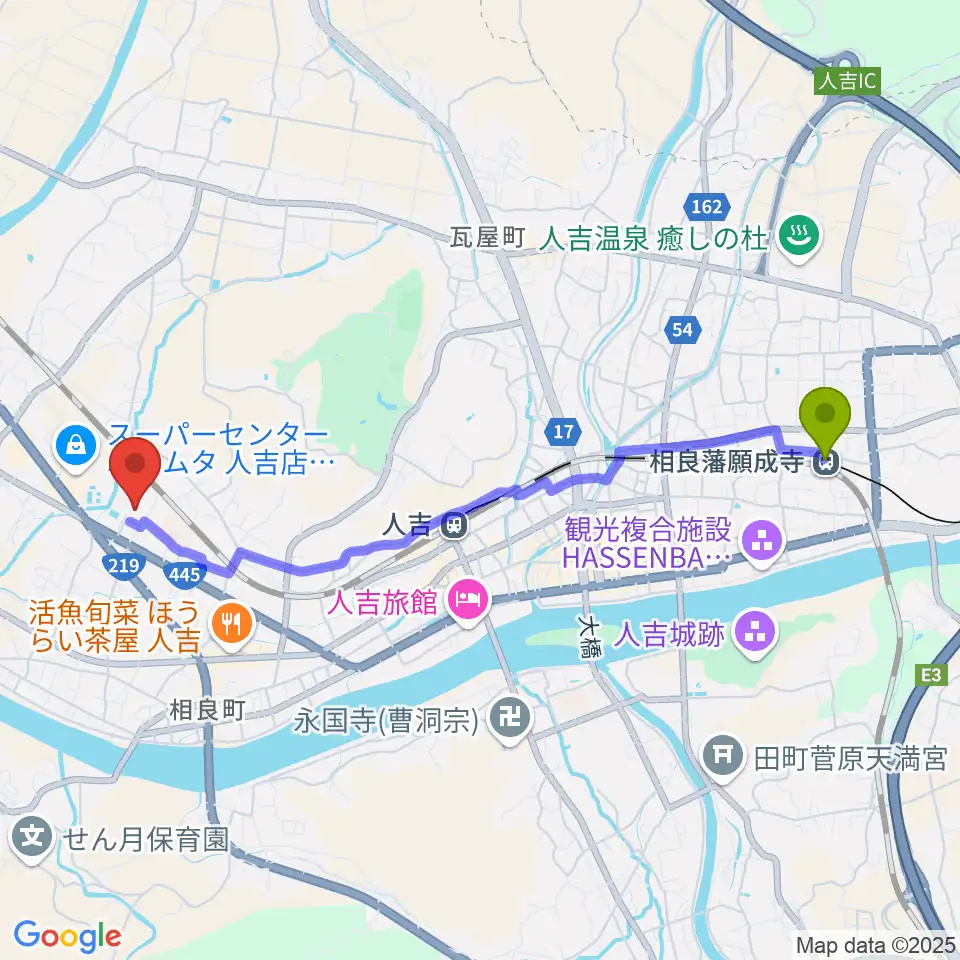 相良藩願成寺駅から人吉市カルチャーパレスへのルートマップ地図