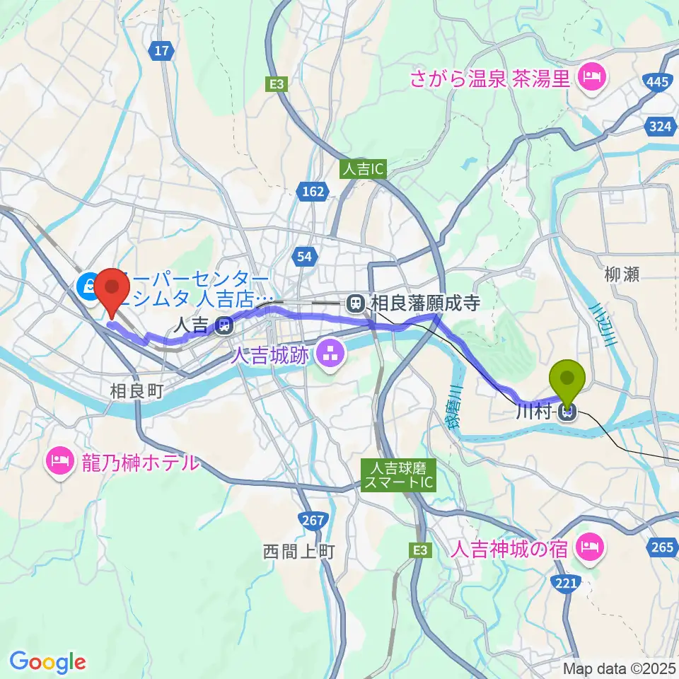 川村駅から人吉市カルチャーパレスへのルートマップ地図