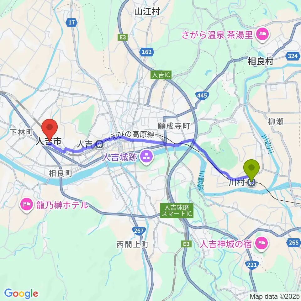 川村駅から人吉市カルチャーパレスへのルートマップ地図