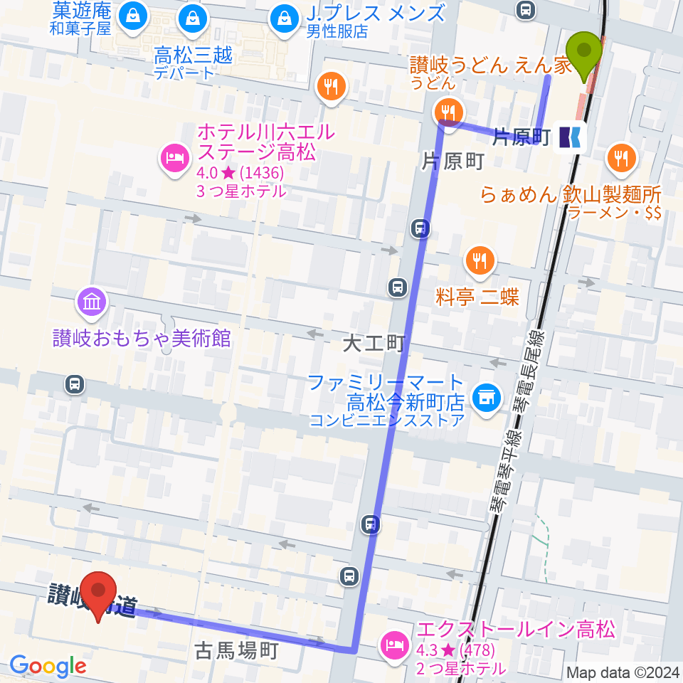 片原町駅から高松ビートルズへのルートマップ地図