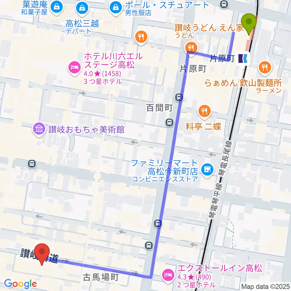 片原町駅から高松ビートルズへのルートマップ地図