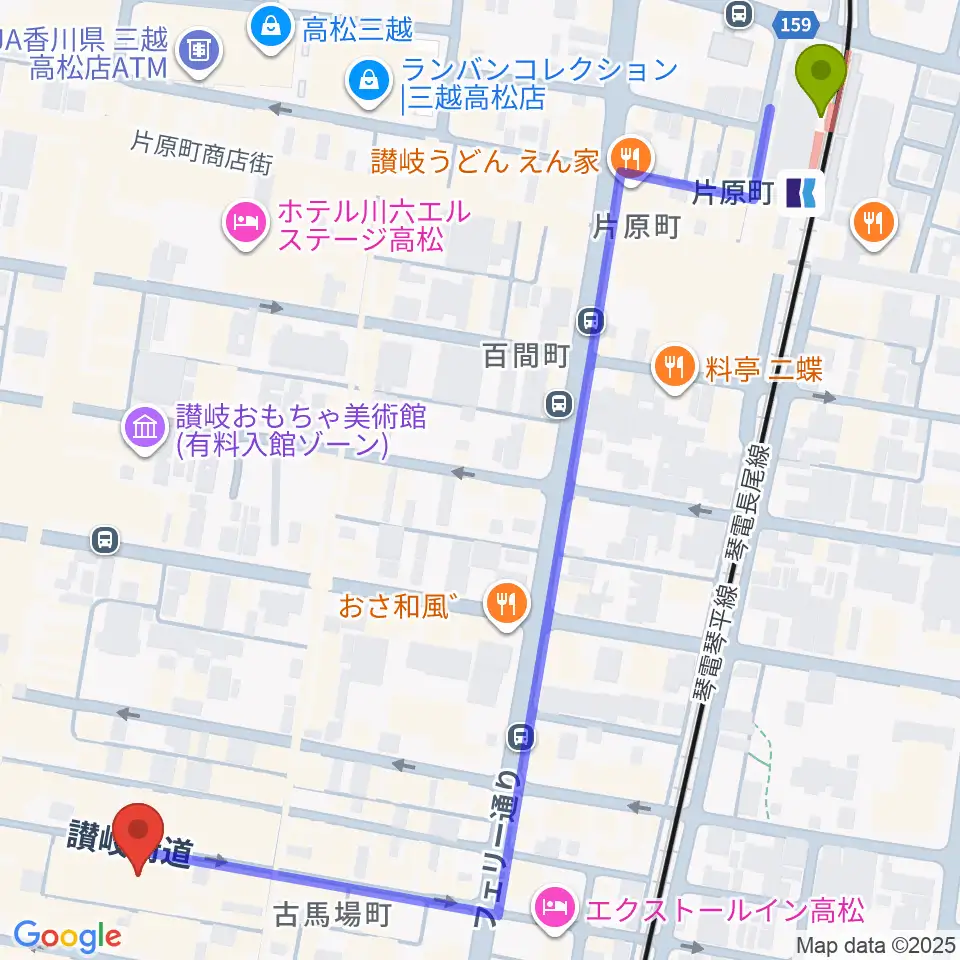 片原町駅から高松ビートルズへのルートマップ地図