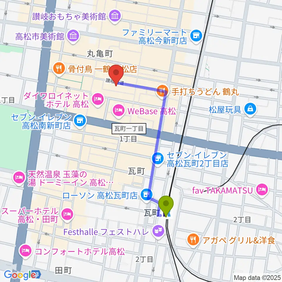 高松ビートルズの最寄駅瓦町駅からの徒歩ルート（約8分）地図