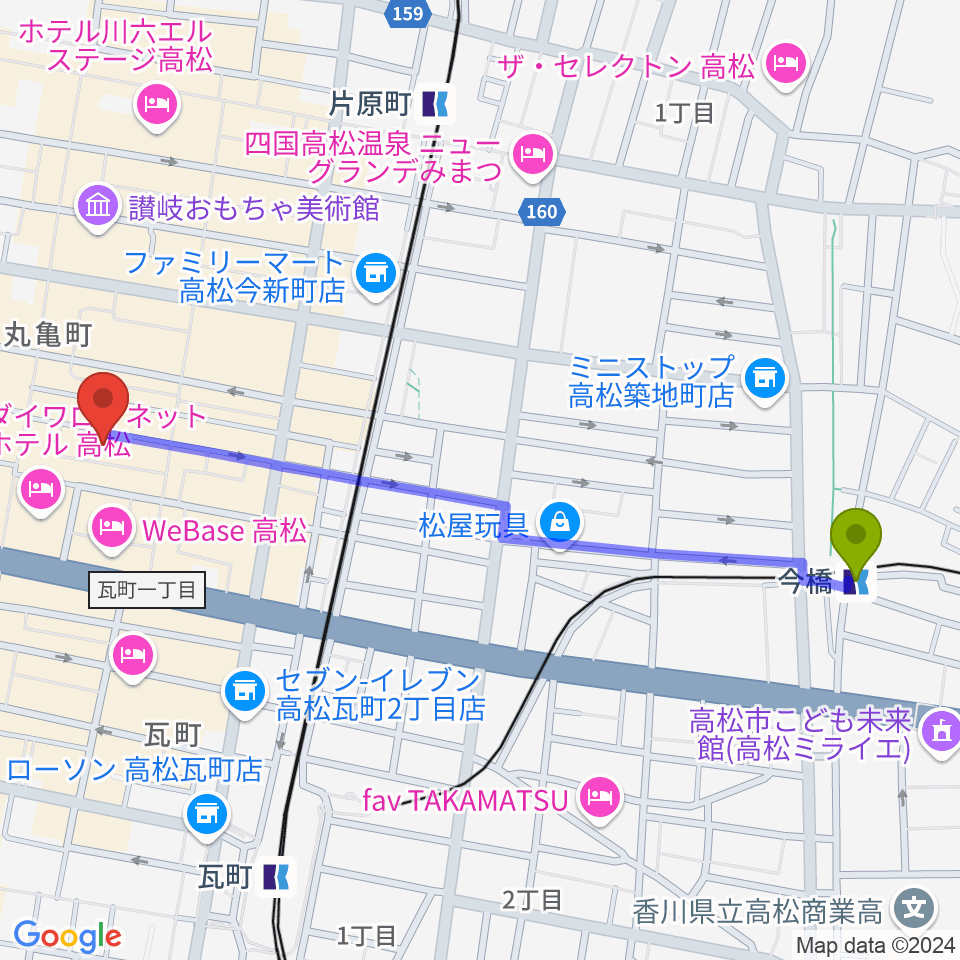 今橋駅から高松ビートルズへのルートマップ地図