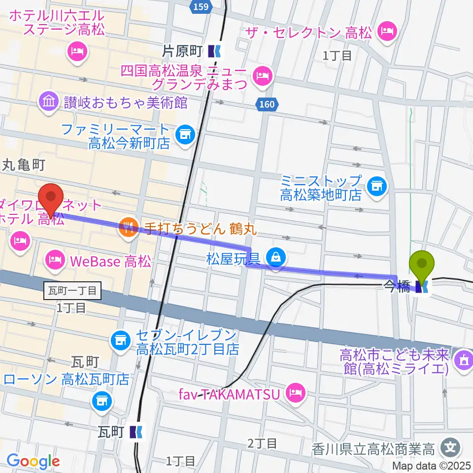 今橋駅から高松ビートルズへのルートマップ地図