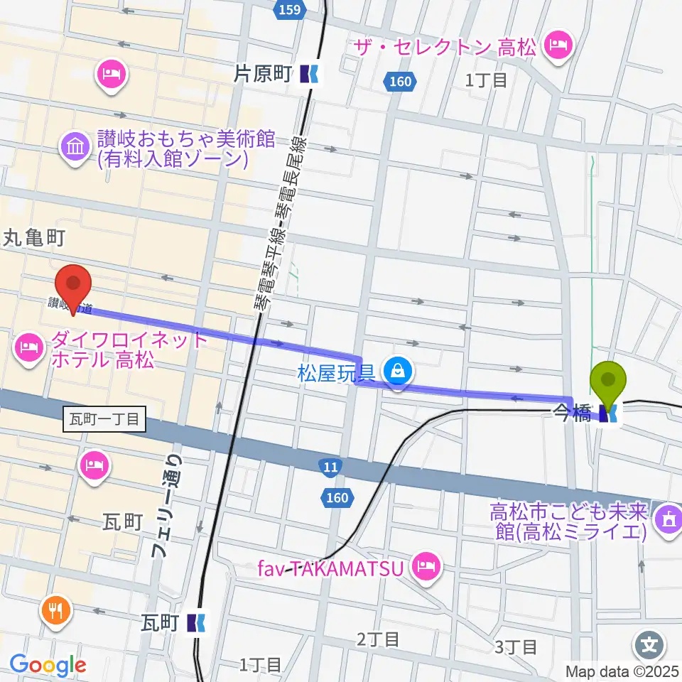 今橋駅から高松ビートルズへのルートマップ地図
