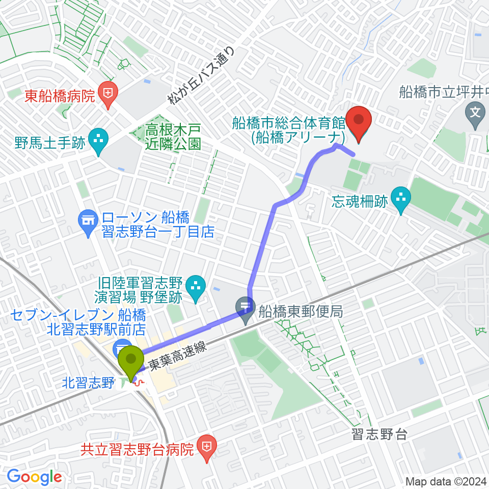 北習志野駅から船橋アリーナへのルートマップ地図