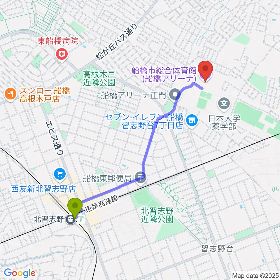 北習志野駅から船橋アリーナへのルートマップ地図