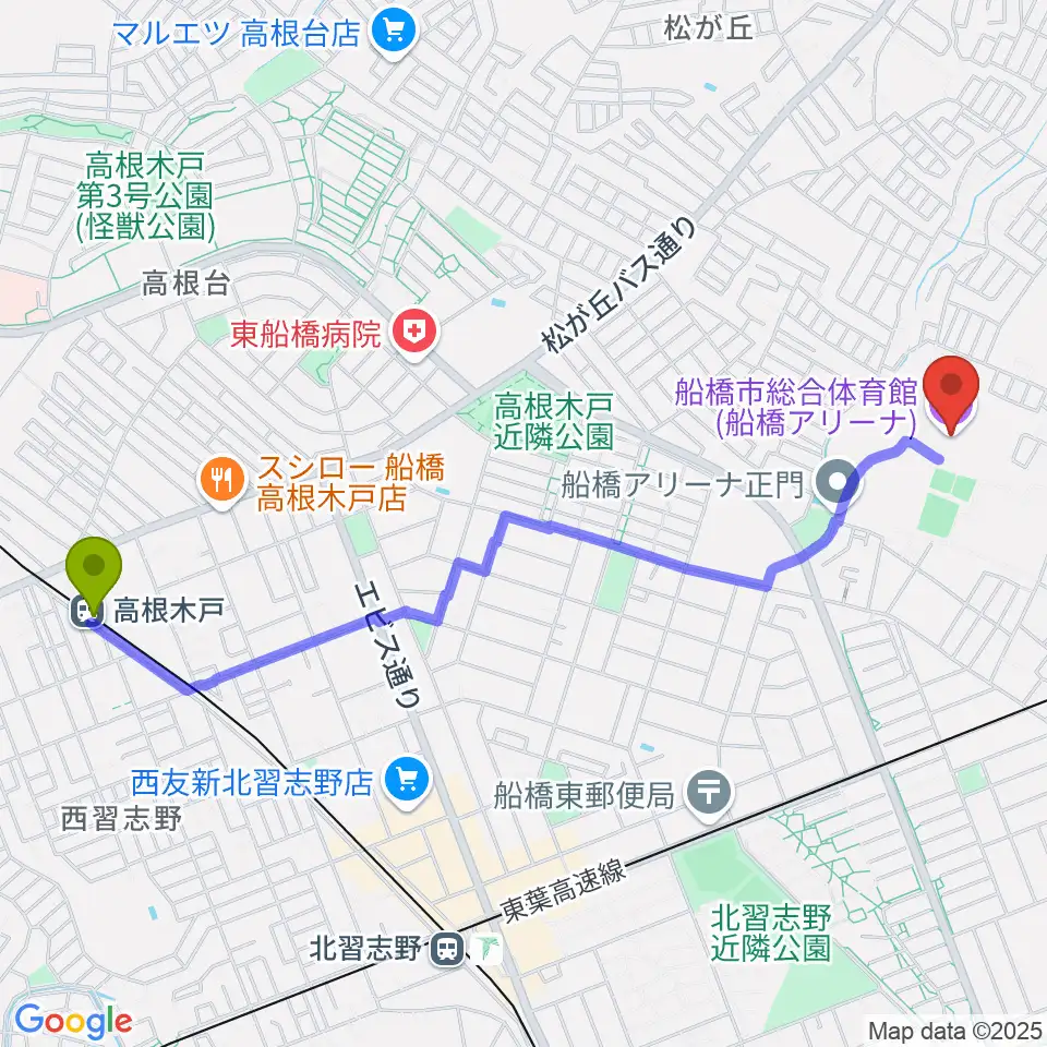 高根木戸駅から船橋アリーナへのルートマップ地図