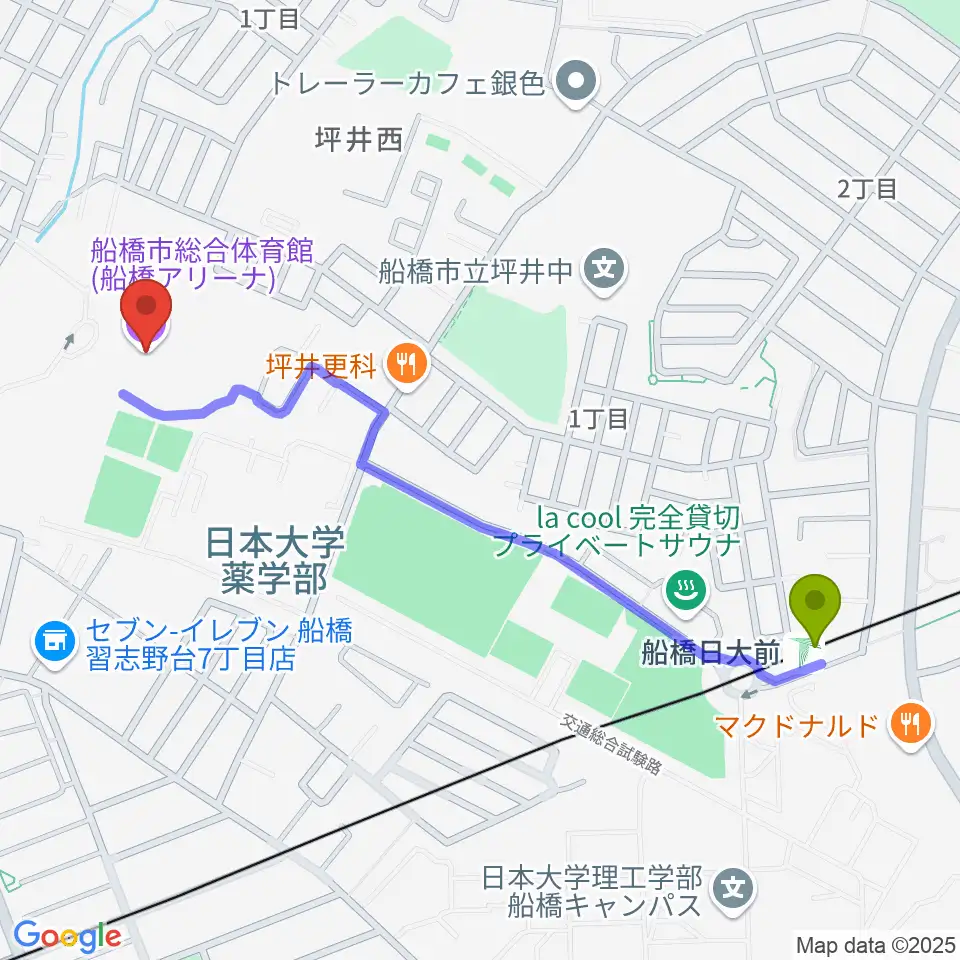 船橋アリーナの最寄駅船橋日大前駅からの徒歩ルート（約12分）地図