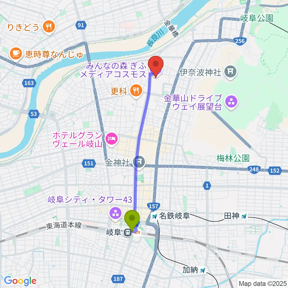 岐阜駅からみんなの森 ぎふメディアコスモスへのルートマップ地図