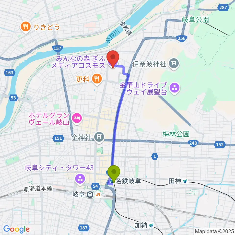 みんなの森 ぎふメディアコスモスの最寄駅名鉄岐阜駅からの徒歩ルート（約30分）地図