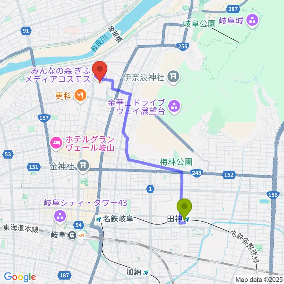 田神駅からみんなの森 ぎふメディアコスモスへのルートマップ地図